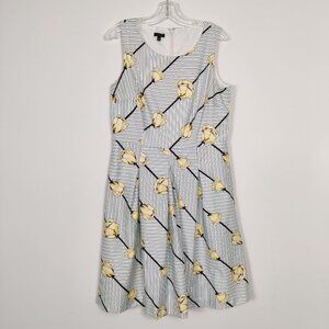 Talbots Women's Dress Sz 12 White Blue Striped Yellow Floral Cotton Pleats Lined